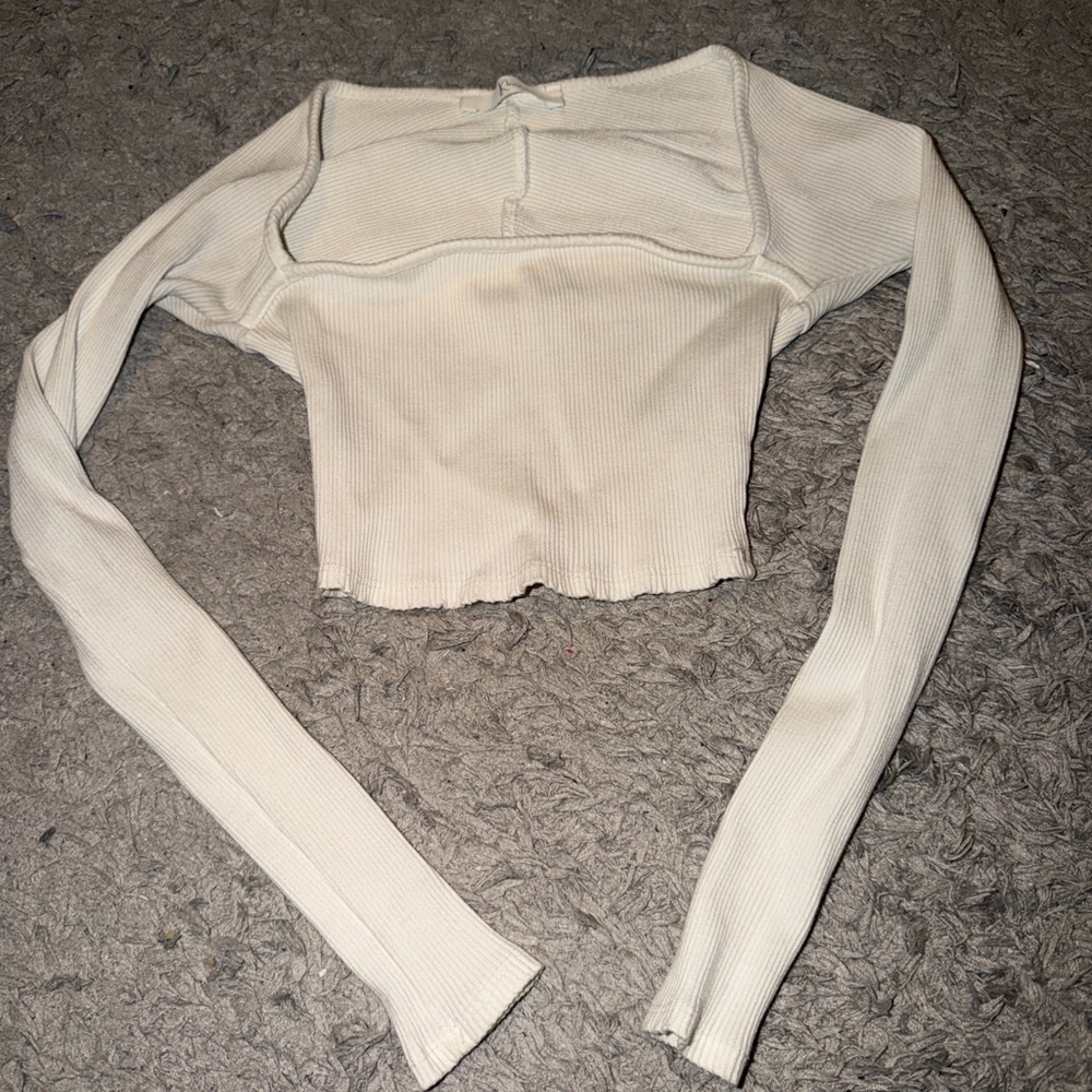 Women's White Long Sleeve Cropped Ribbed Top